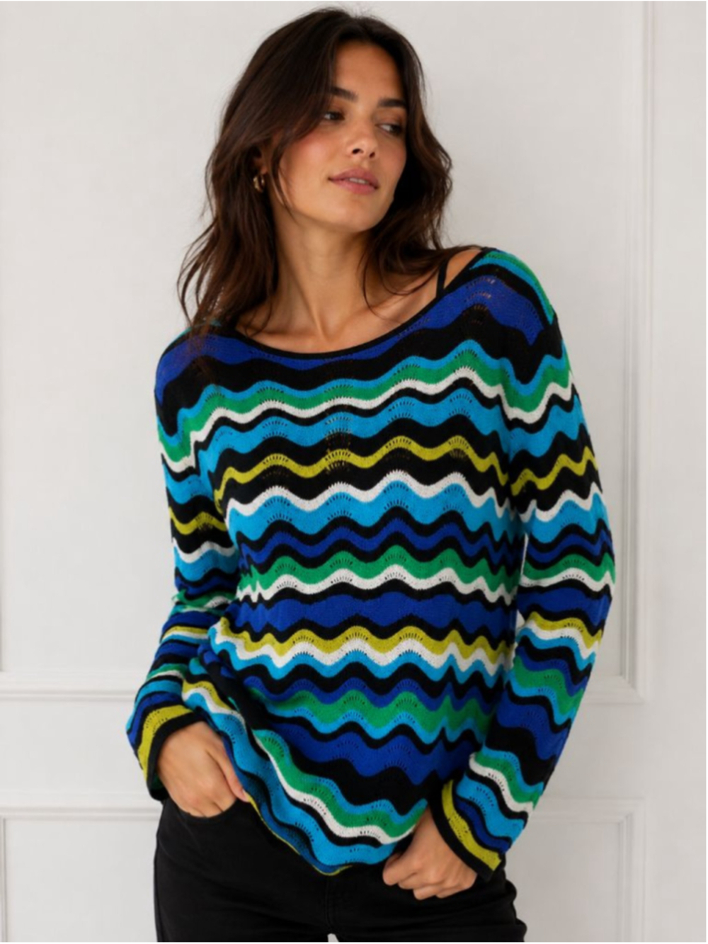 CHAUS Blue Black Green White Wave Knit Crew Neck Sweater Women’s Size L